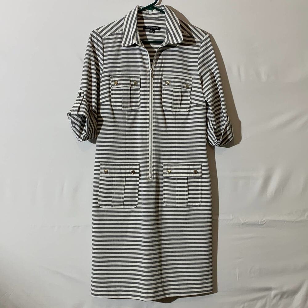 Sharagano dress women’s size 8 P petite gray and white stripe